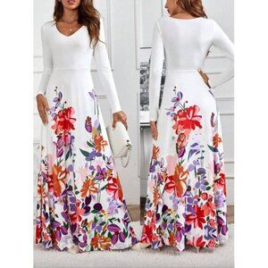 White V-Neck Long Sleeve Floral Print Maxi Dress